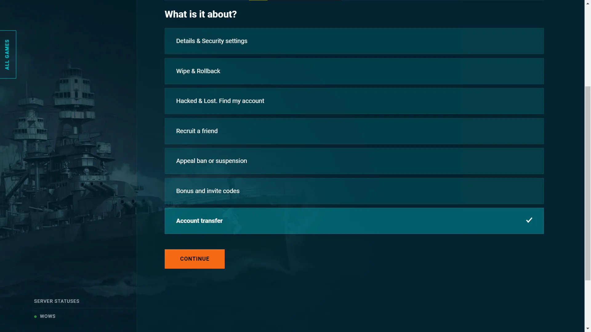 Account transfer option in Wargaming support
