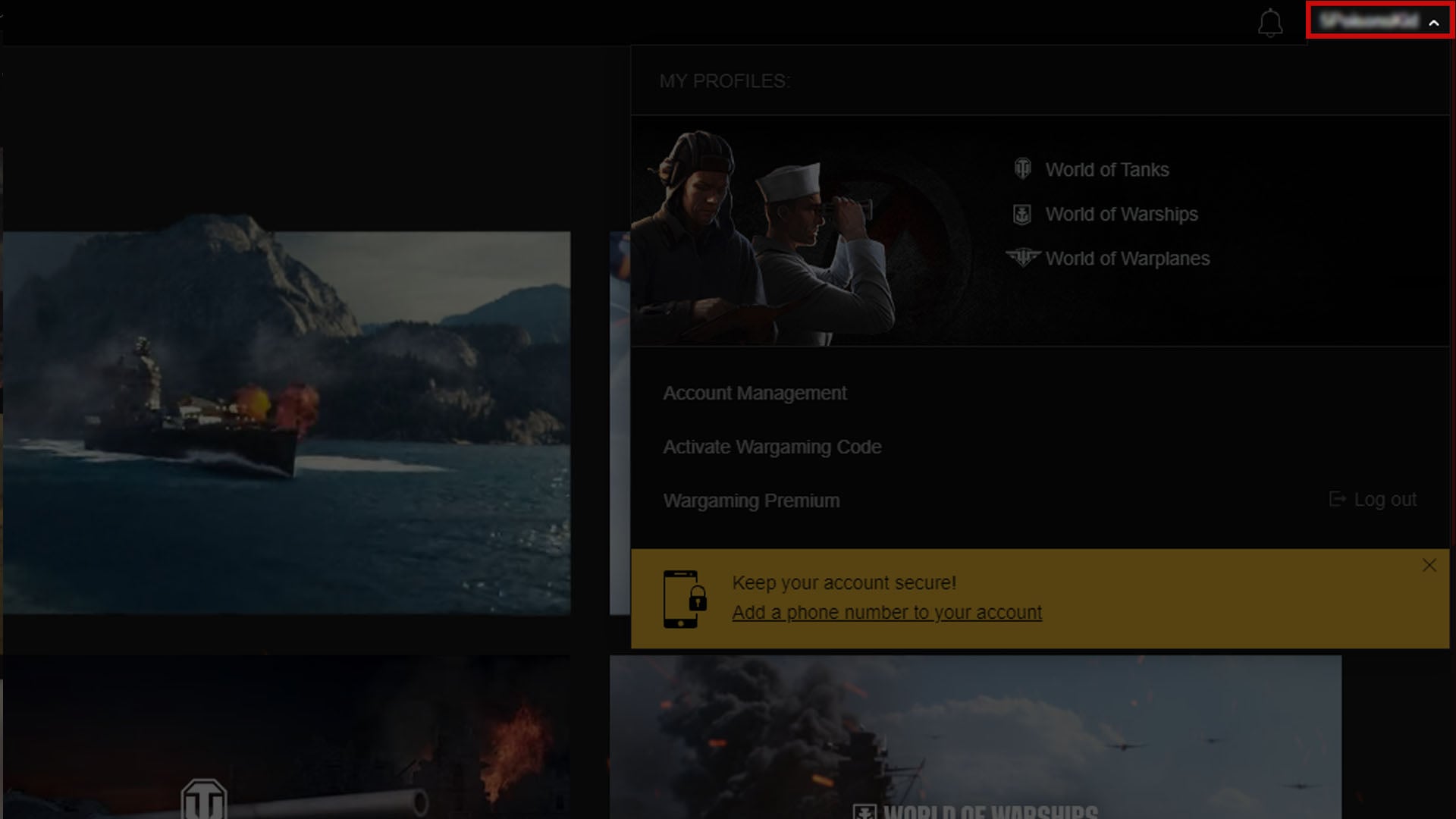 Click your username to open the account menu
