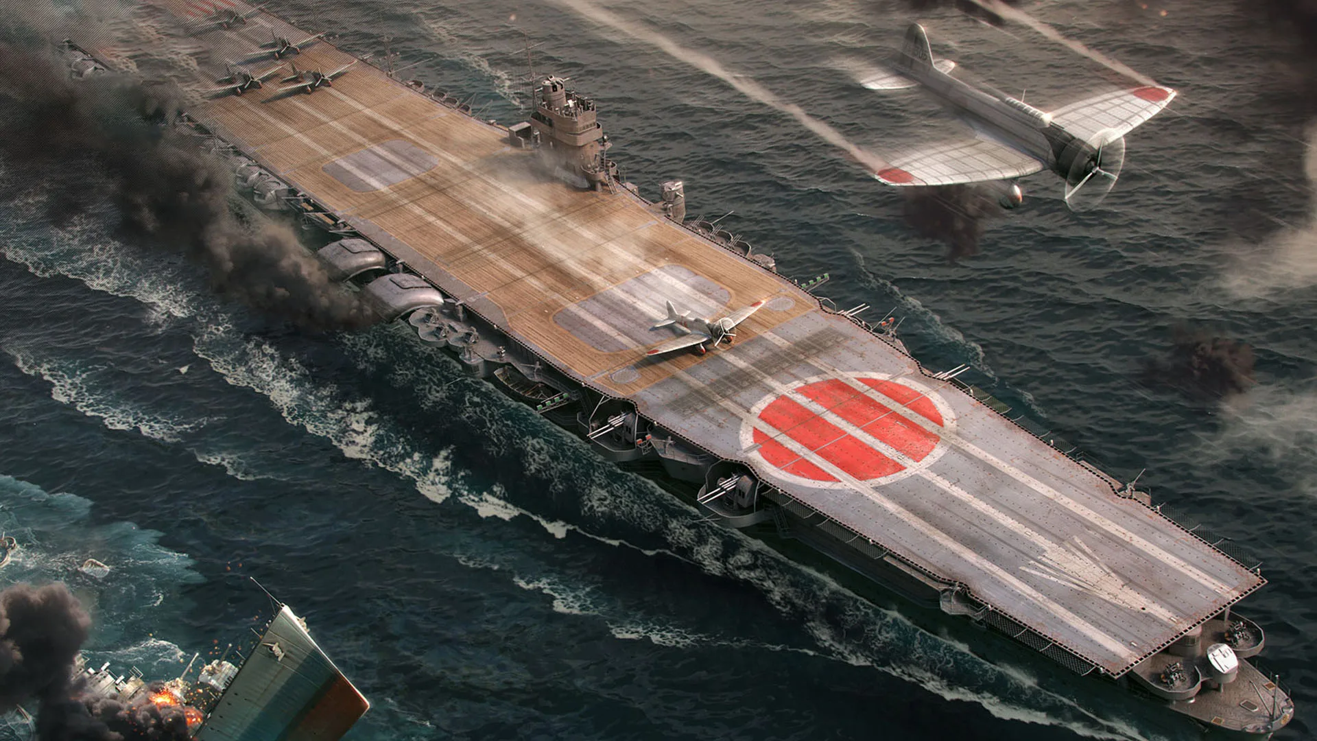 Aircraft carrier with planes in flight in World of Warships